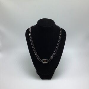 Gunmetal Toned Chain Necklace w/ Black Rectangular Stone Pendant